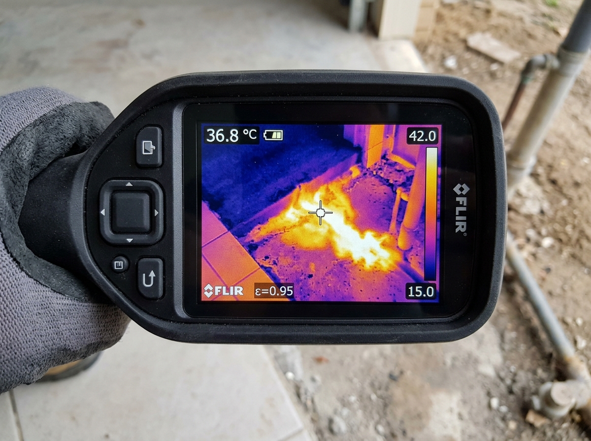 Thermal imaging inspection locating hot water line leak under slab in Encinitas