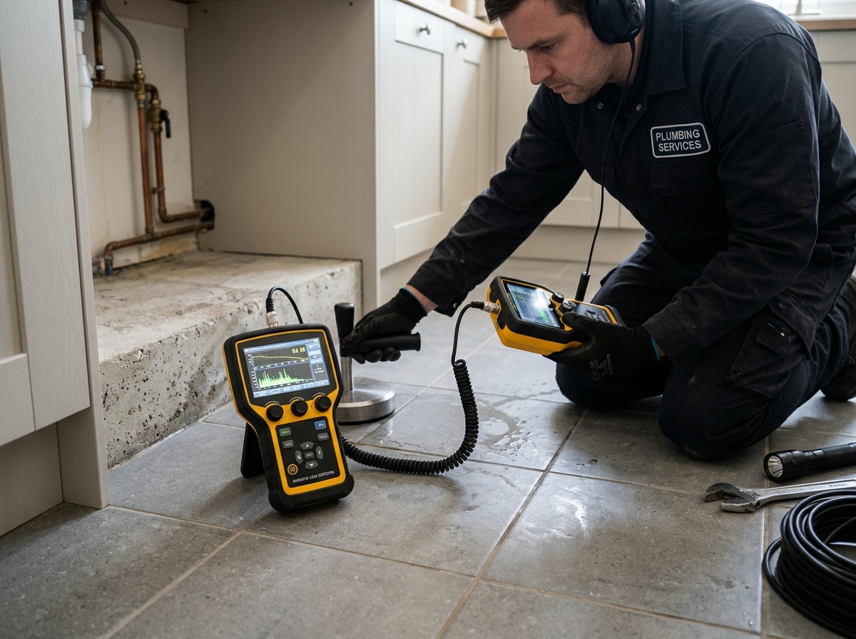 Electronic slab leak detection equipment locating pipe under concrete slab in Encinitas